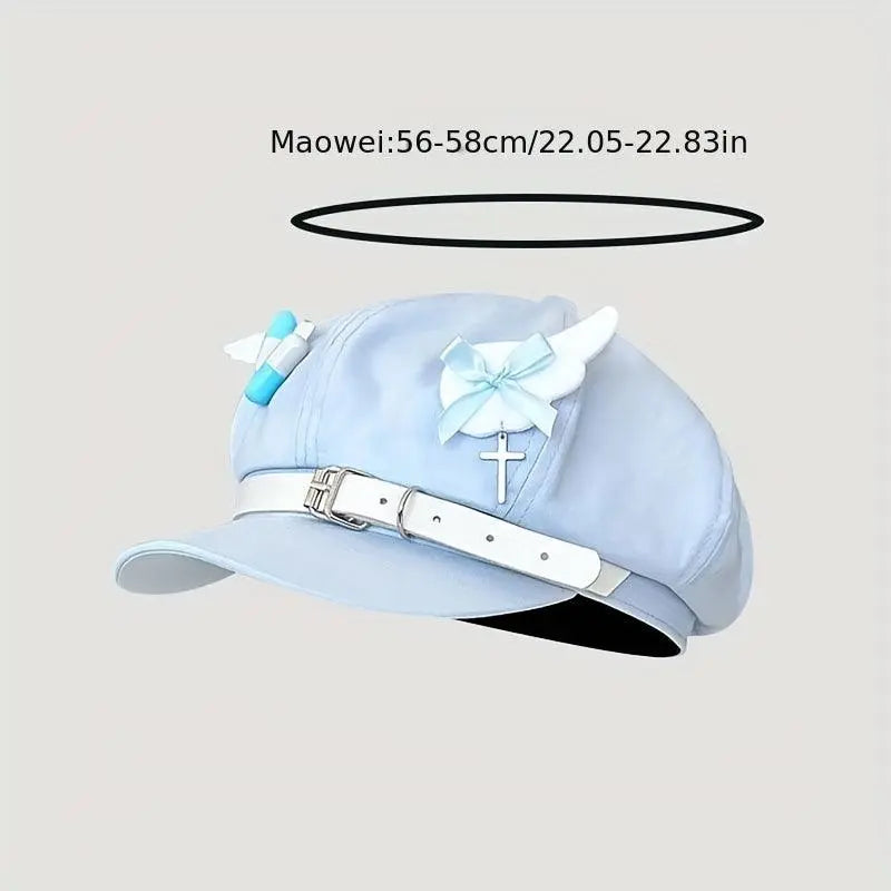 Cotton Beret Cap with Embroidery and Knitting, Lightweight 100% Cotton Y2K Aesthetic SS69