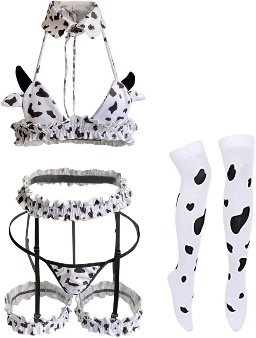 Cow Women Anime Milk Cosplay Costume Bikini Kawaii Bra and Panty Garter Belt Set Lingerie White Stocking (Bianco) - SS69