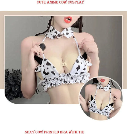 Cow Women Anime Milk Cosplay Costume Bikini Kawaii Bra and Panty Garter Belt Set Lingerie White Stocking (Bianco) - SS69