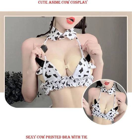 Cow Women Anime Milk Cosplay Costume Bikini Kawaii Bra and Panty Garter Belt Set Lingerie White Stocking (Bianco) - SS69