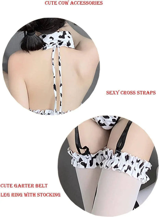 Cow Women Anime Milk Cosplay Costume Bikini Kawaii Bra and Panty Garter Belt Set Lingerie White Stocking (Bianco) - SS69
