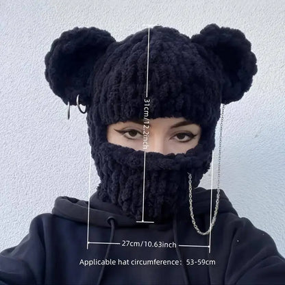Cozy Knit Bear Ear Beanie with Detachable Face Mask - Breathable & Warm Winter Hat for Women and Girls, Perfect for Christmas SS69