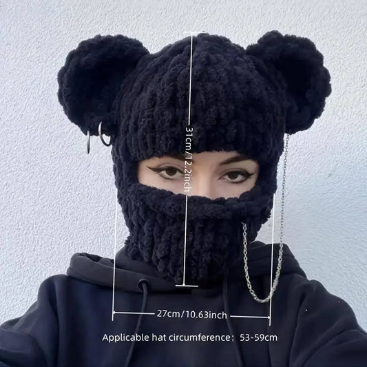 Cozy Knit Bear Ear Beanie with Detachable Face Mask - Breathable & Warm Winter Hat for Women and Girls, Perfect for Christmas SS69