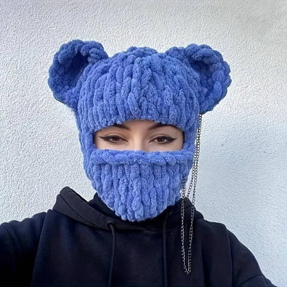 Cozy Knit Bear Ear Beanie with Detachable Face Mask - Breathable & Warm Winter Hat for Women and Girls, Perfect for Christmas SS69