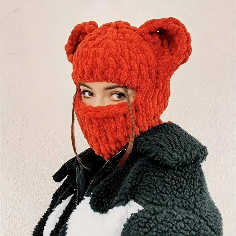 Cozy Knit Bear Ear Beanie with Detachable Face Mask - Breathable & Warm Winter Hat for Women and Girls, Perfect for Christmas SS69
