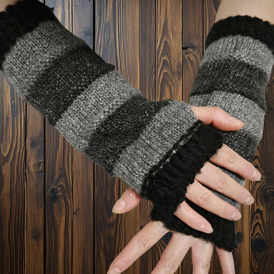 Cozy Knit Fingerless Gloves for Women - Stretchy, Warm Fleece Blend with Color Block Design, Perfect for Autumn & Winter SS69 12.69 Black Gray