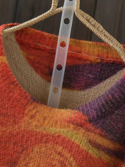 Cozy Plus Size Cartoon Print Knit Sweater - Warm, Stretchy Crew Neck Pullover for Women, Perfect for Fall/Winter SS69