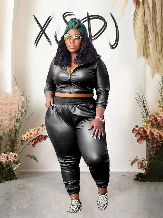 Curvy Woman Clothes Plus Size Autumn Long Sleeve Top Leather Jacket and Pants 2 Piece Sexy Outfits Wholesale Bulk Free Shipping SS69