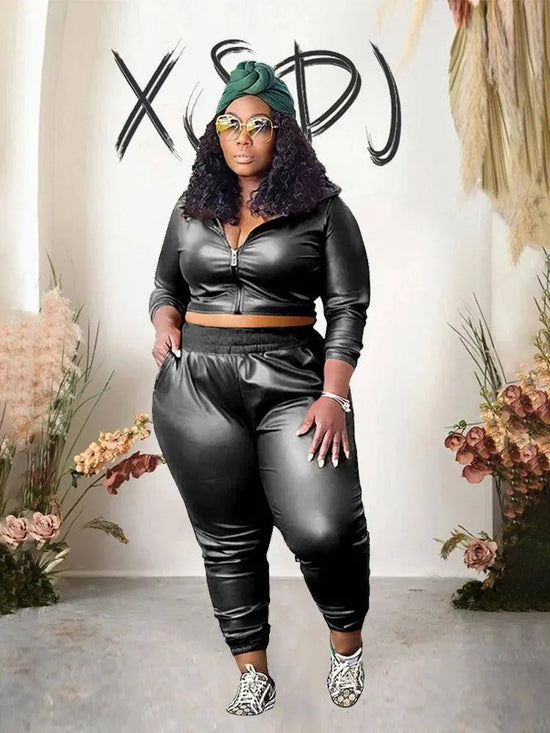 Curvy Woman Clothes Plus Size Autumn Long Sleeve Top Leather Jacket and Pants 2 Piece Sexy Outfits Wholesale Bulk Free Shipping SS69