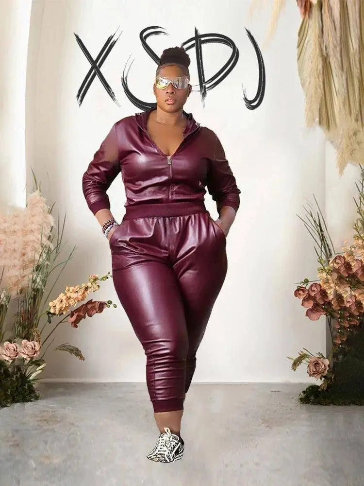Curvy Woman Clothes Plus Size Autumn Long Sleeve Top Leather Jacket and Pants 2 Piece Sexy Outfits Wholesale Bulk Free Shipping SS69