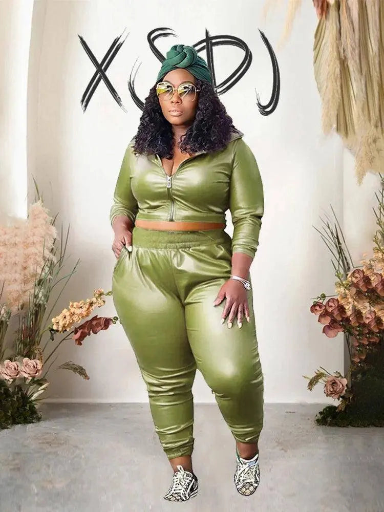 Curvy Woman Clothes Plus Size Autumn Long Sleeve Top Leather Jacket and Pants 2 Piece Sexy Outfits Wholesale Bulk Free Shipping SS69