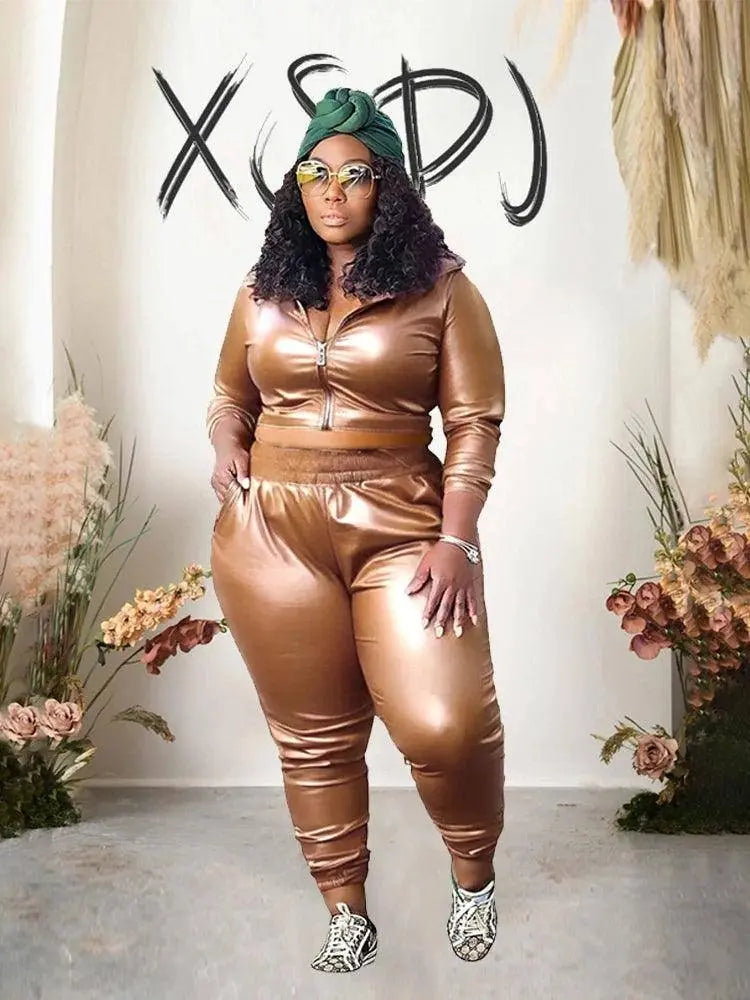 Curvy Woman Clothes Plus Size Autumn Long Sleeve Top Leather Jacket and Pants 2 Piece Sexy Outfits Wholesale Bulk Free Shipping SS69