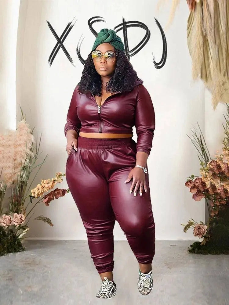 Curvy Woman Clothes Plus Size Autumn Long Sleeve Top Leather Jacket and Pants 2 Piece Sexy Outfits Wholesale Bulk Free Shipping SS69