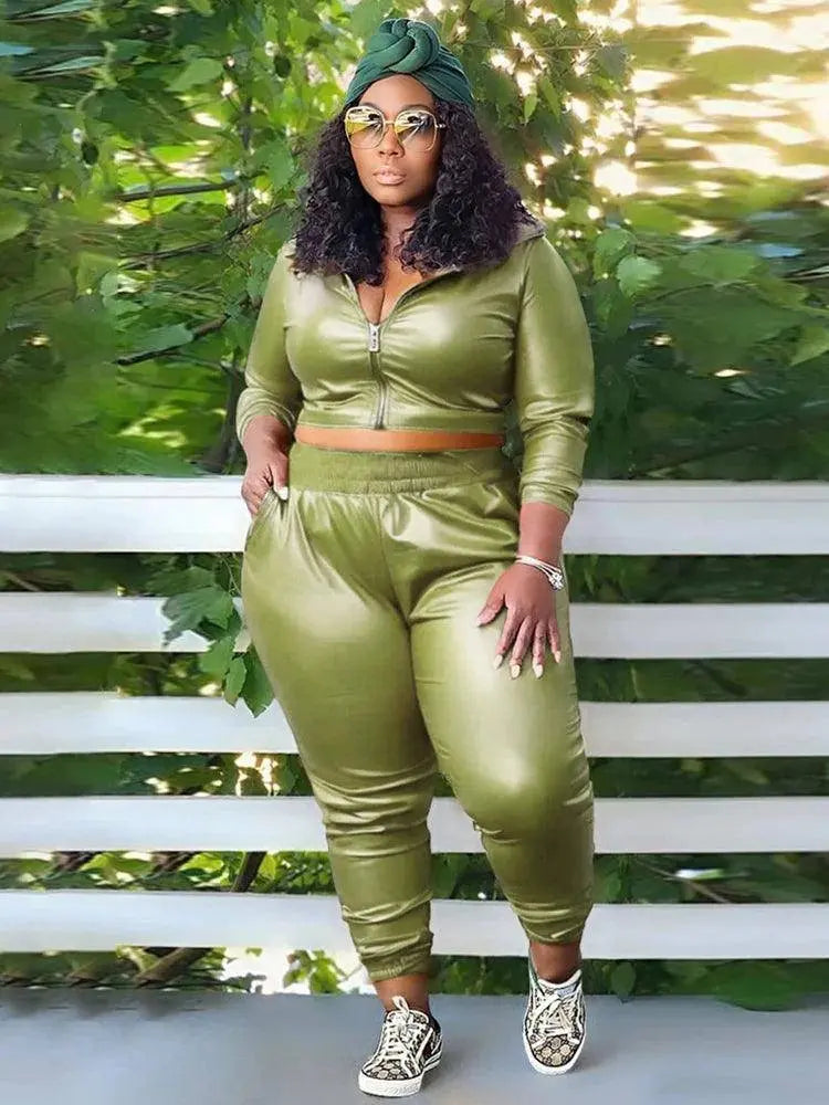 Curvy Woman Clothes Plus Size Autumn Long Sleeve Top Leather Jacket and Pants 2 Piece Sexy Outfits Wholesale Bulk Free Shipping SS69 52.69 green / 4XL
