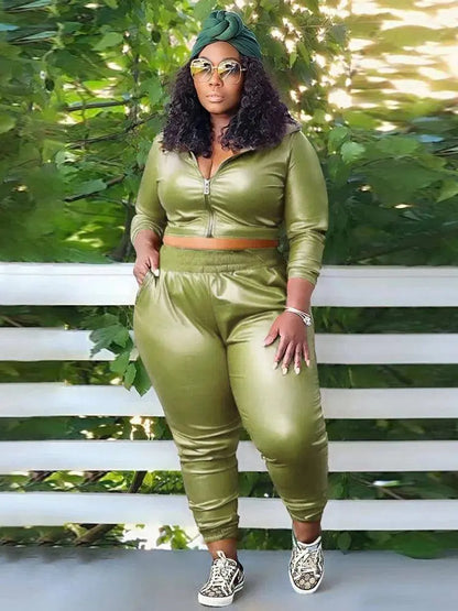 Curvy Woman Clothes Plus Size Autumn Long Sleeve Top Leather Jacket and Pants 2 Piece Sexy Outfits Wholesale Bulk Free Shipping SS69 52.69 green / 4XL