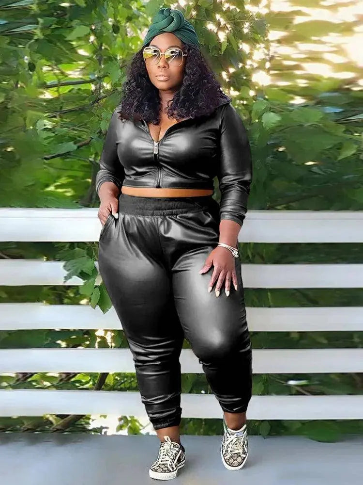 Curvy Woman Clothes Plus Size Autumn Long Sleeve Top Leather Jacket and Pants 2 Piece Sexy Outfits Wholesale Bulk Free Shipping SS69 52.69 black / 4XL