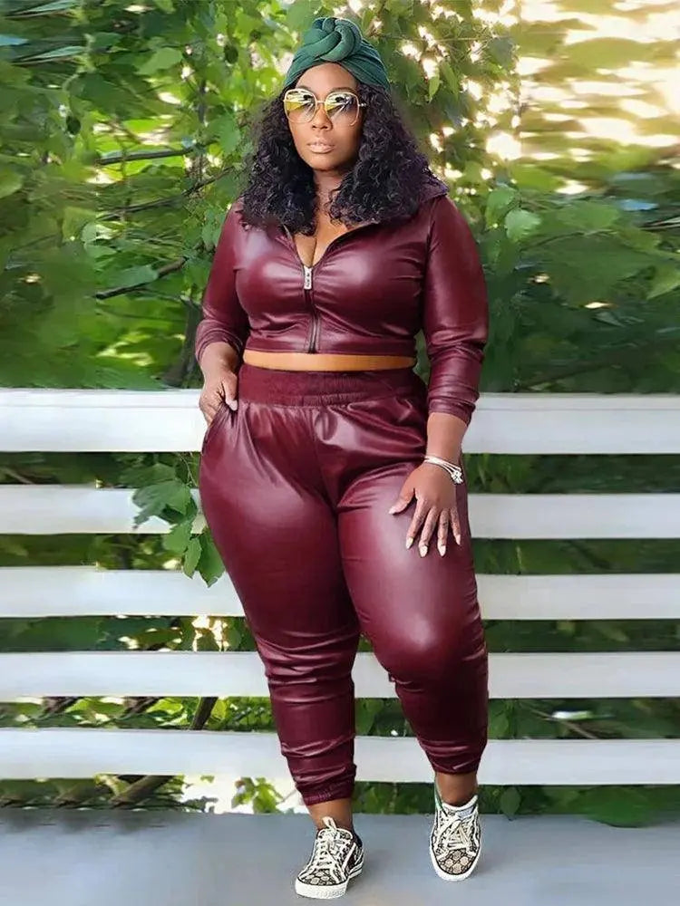 Curvy Woman Clothes Plus Size Autumn Long Sleeve Top Leather Jacket and Pants 2 Piece Sexy Outfits Wholesale Bulk Free Shipping SS69 52.69 Burgundy / 4XL