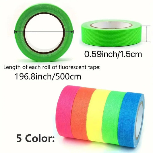 [Customer Favorite] 5pcs Neon Fluorescent Tape Set, UV Reactive Colors for Party Decorations, Birthdays & Crafts - 196.85" x 127mm SS69