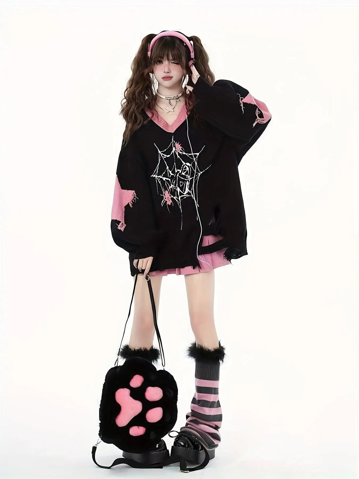 Cute Acrylic Knit Pullover with Animal and Color Block Pattern, V-Neck, Lantern Sleeve, Ripped Detail, Loose Fit - Women's Fall/Winter Sweater - SS69