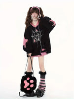 Cute Acrylic Knit Pullover with Animal and Color Block Pattern, V-Neck, Lantern Sleeve, Ripped Detail, Loose Fit - Women's Fall/Winter Sweater - SS69