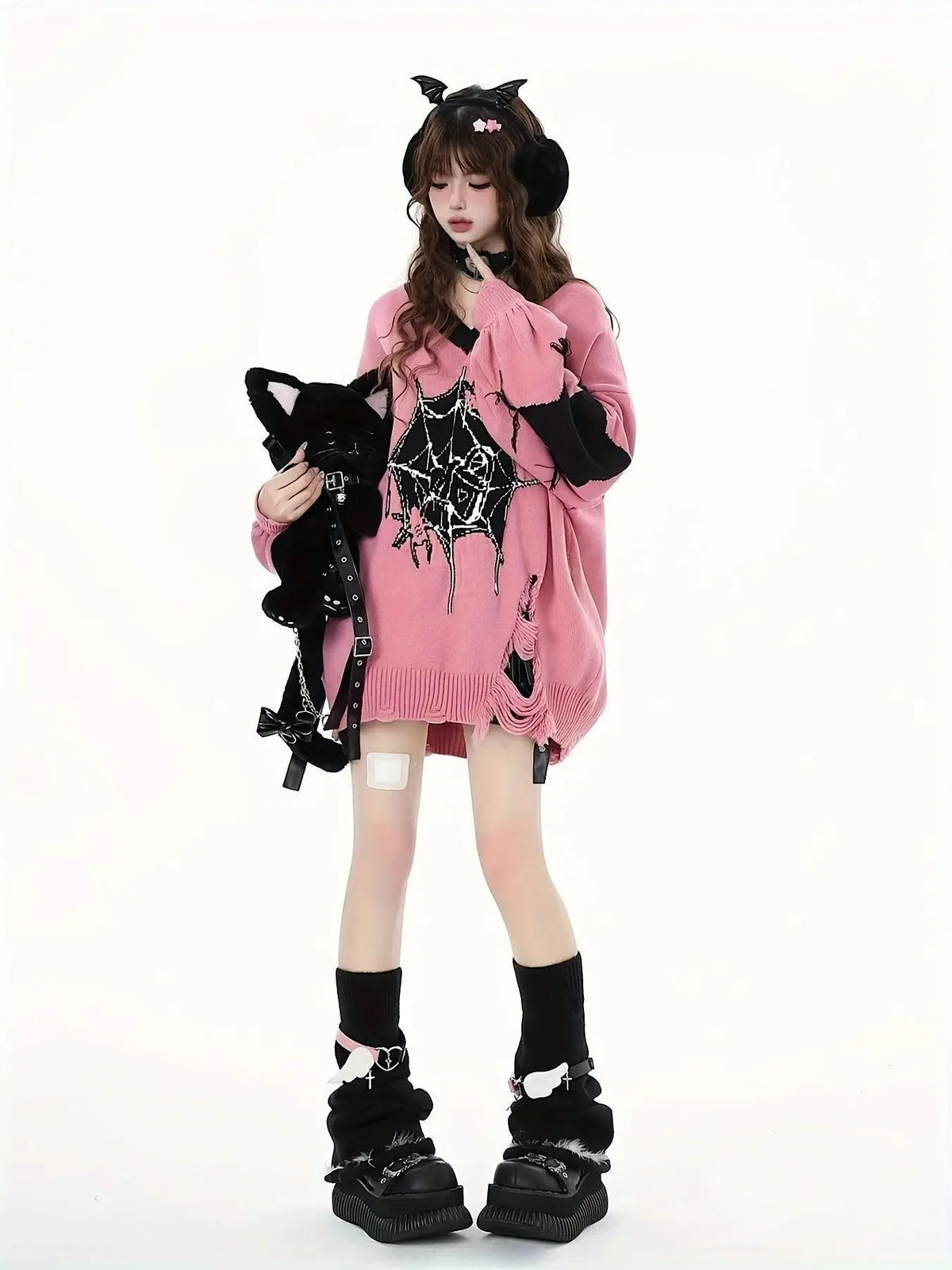 Cute Acrylic Knit Pullover with Animal and Color Block Pattern, V-Neck, Lantern Sleeve, Ripped Detail, Loose Fit - Women's Fall/Winter Sweater - SS69