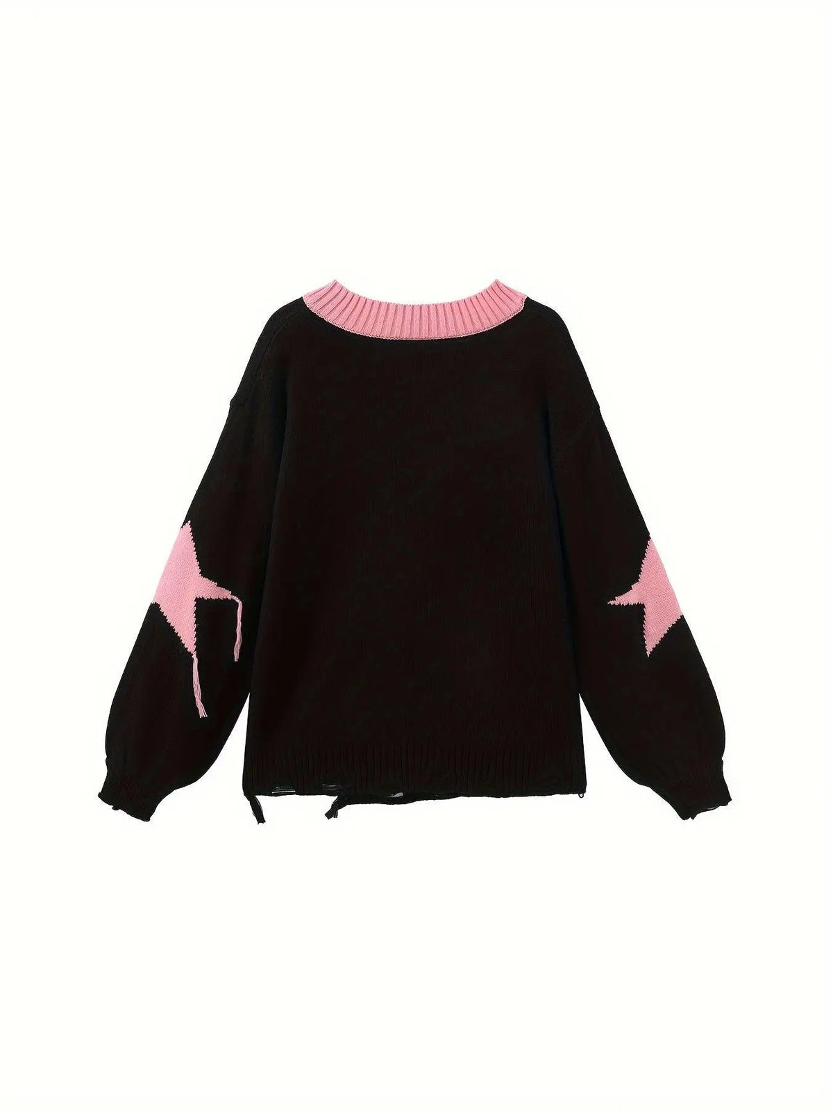 Cute Acrylic Knit Pullover with Animal and Color Block Pattern, V-Neck, Lantern Sleeve, Ripped Detail, Loose Fit - Women's Fall/Winter Sweater - SS69