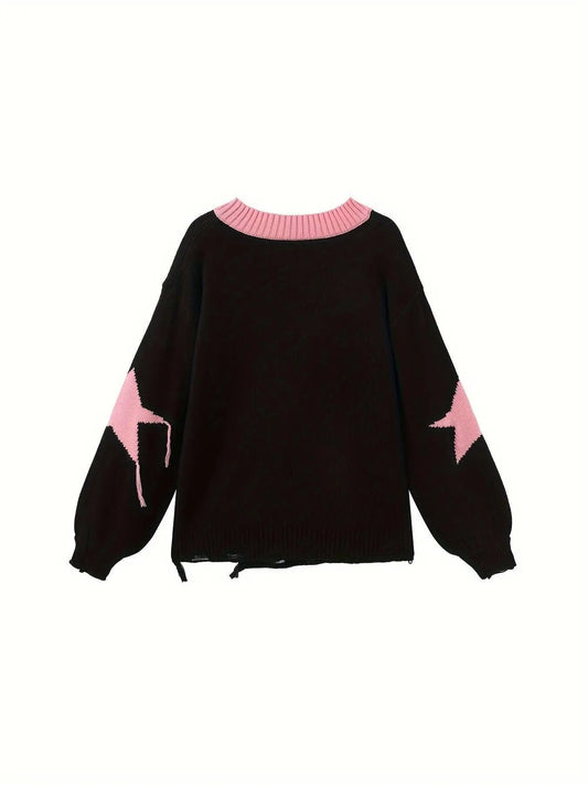 Cute Acrylic Knit Pullover with Animal and Color Block Pattern, V-Neck, Lantern Sleeve, Ripped Detail, Loose Fit - Women's Fall/Winter Sweater - SS69