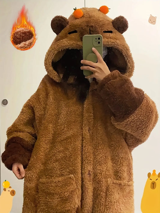 Cute Capybara Plush Fleece Nightdress with Hood - SS69