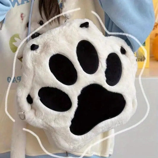 Cute Cartoon Cat Paw Shoulder Bag, Soft Plush Backpack, Sweet Large Capacity Fluffy Furry Bookbag, Novelty Crossbody Bag - SS69