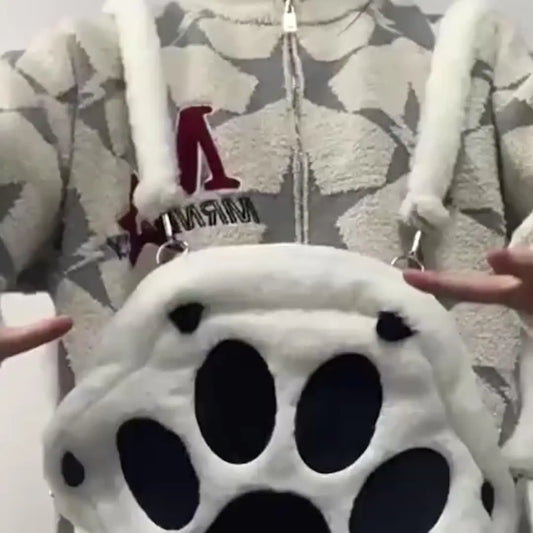 Cute Cartoon Cat Paw Shoulder Bag, Soft Plush Backpack, Sweet Large Capacity Fluffy Furry Bookbag, Novelty Crossbody Bag - SS69