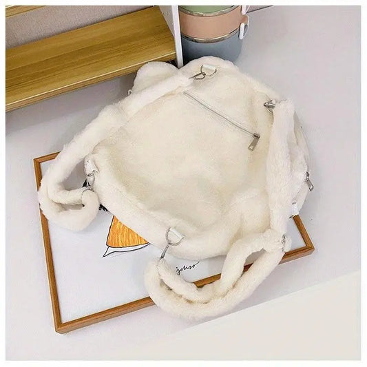 Cute Cartoon Cat Paw Shoulder Bag, Soft Plush Backpack, Sweet Large Capacity Fluffy Furry Bookbag, Novelty Crossbody Bag - SS69