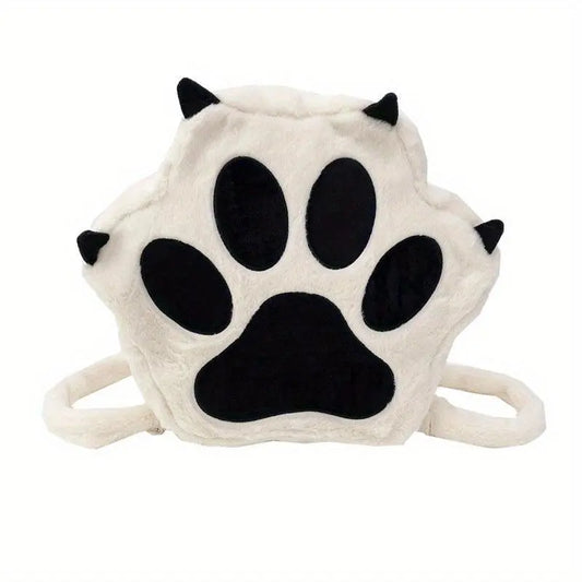 Cute Cartoon Cat Paw Shoulder Bag, Soft Plush Backpack, Sweet Large Capacity Fluffy Furry Bookbag, Novelty Crossbody Bag - SS69