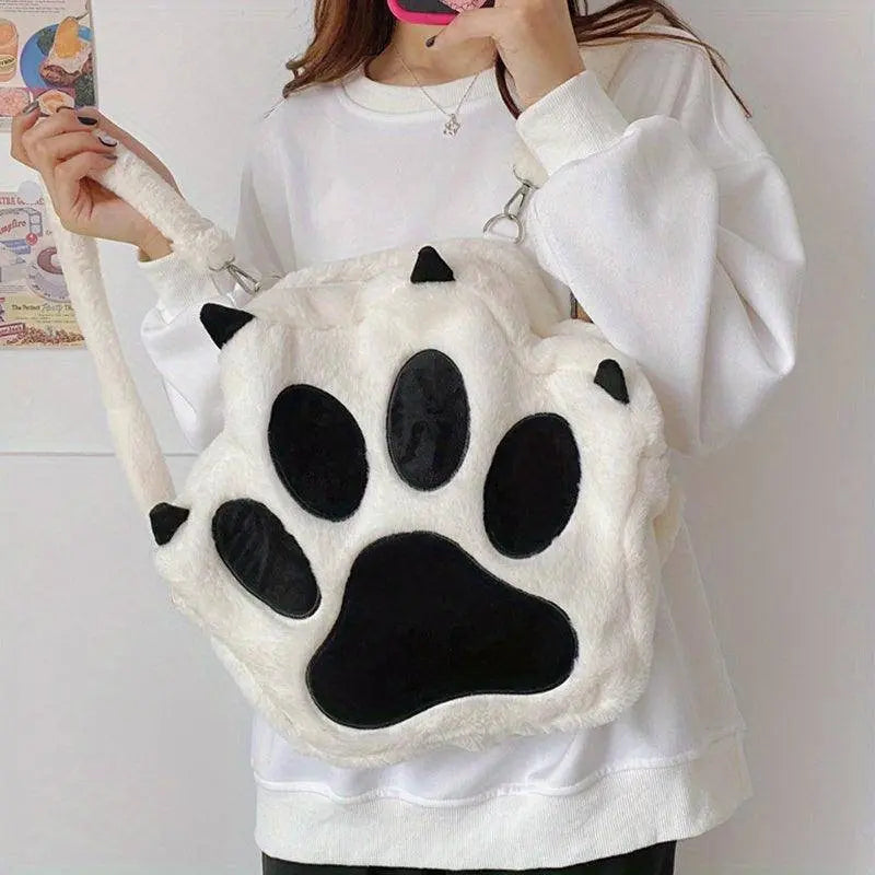 Cute Cartoon Cat Paw Shoulder Bag, Soft Plush Backpack, Sweet Large Capacity Fluffy Furry Bookbag, Novelty Crossbody Bag SS69