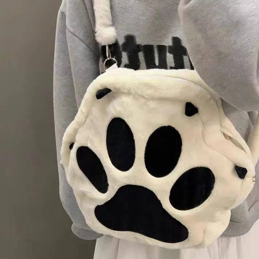 Cute Cartoon Cat Paw Shoulder Bag, Soft Plush Backpack, Sweet Large Capacity Fluffy Furry Bookbag, Novelty Crossbody Bag SS69
