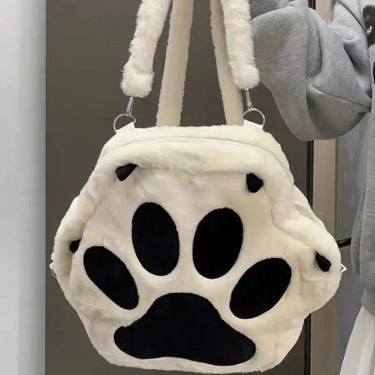 Cute Cartoon Cat Paw Shoulder Bag, Soft Plush Backpack, Sweet Large Capacity Fluffy Furry Bookbag, Novelty Crossbody Bag SS69