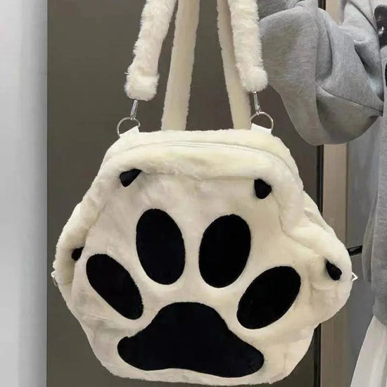 Cute Cartoon Cat Paw Shoulder Bag, Soft Plush Backpack, Sweet Large Capacity Fluffy Furry Bookbag, Novelty Crossbody Bag SS69