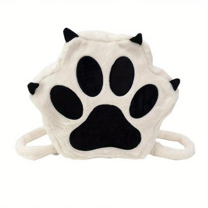 Cute Cartoon Cat Paw Shoulder Bag, Soft Plush Backpack, Sweet Large Capacity Fluffy Furry Bookbag, Novelty Crossbody Bag SS69