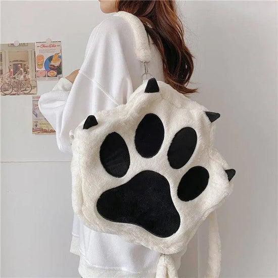Cute Cartoon Cat Paw Shoulder Bag, Soft Plush Backpack, Sweet Large Capacity Fluffy Furry Bookbag, Novelty Crossbody Bag SS69