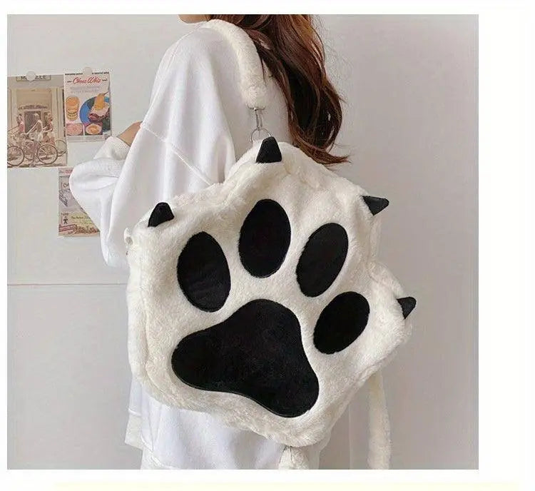 Cute Cartoon Cat Paw Shoulder Bag, Soft Plush Backpack, Sweet Large Capacity Fluffy Furry Bookbag, Novelty Crossbody Bag SS69