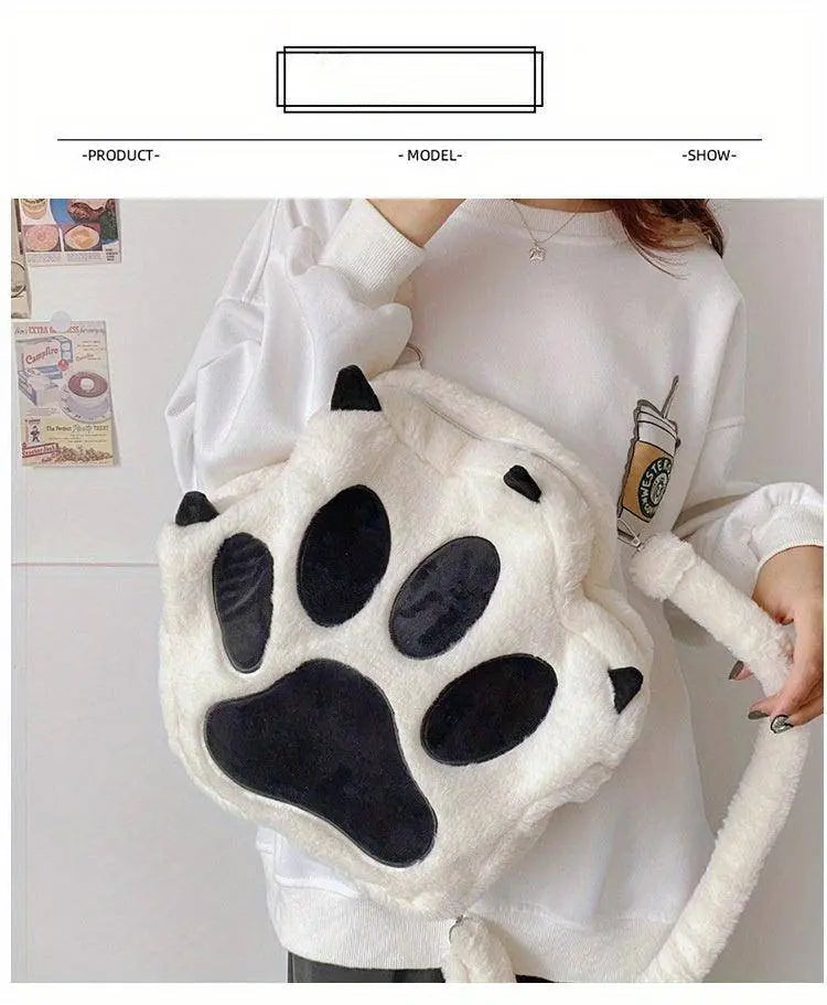 Cute Cartoon Cat Paw Shoulder Bag, Soft Plush Backpack, Sweet Large Capacity Fluffy Furry Bookbag, Novelty Crossbody Bag SS69