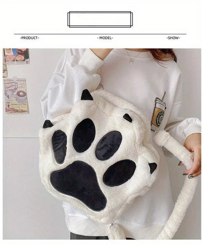 Cute Cartoon Cat Paw Shoulder Bag, Soft Plush Backpack, Sweet Large Capacity Fluffy Furry Bookbag, Novelty Crossbody Bag SS69