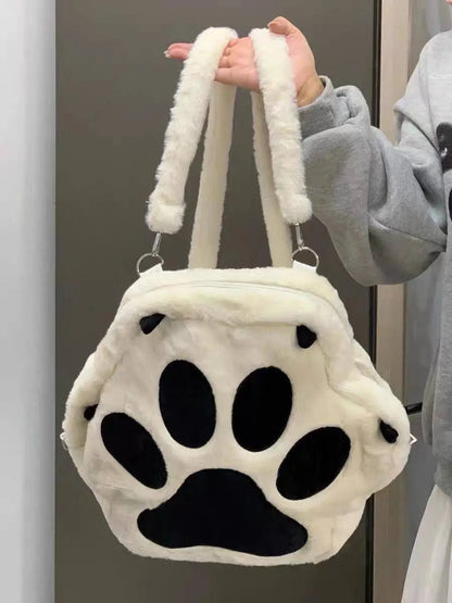 Cute Cartoon Cat Paw Shoulder Bag, Soft Plush Backpack, Sweet Large Capacity Fluffy Furry Bookbag, Novelty Crossbody Bag SS69