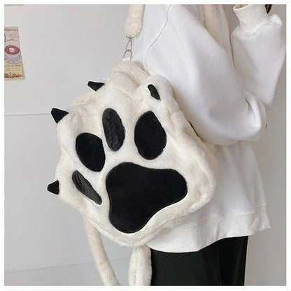 Cute Cartoon Cat Paw Shoulder Bag, Soft Plush Backpack, Sweet Large Capacity Fluffy Furry Bookbag, Novelty Crossbody Bag SS69