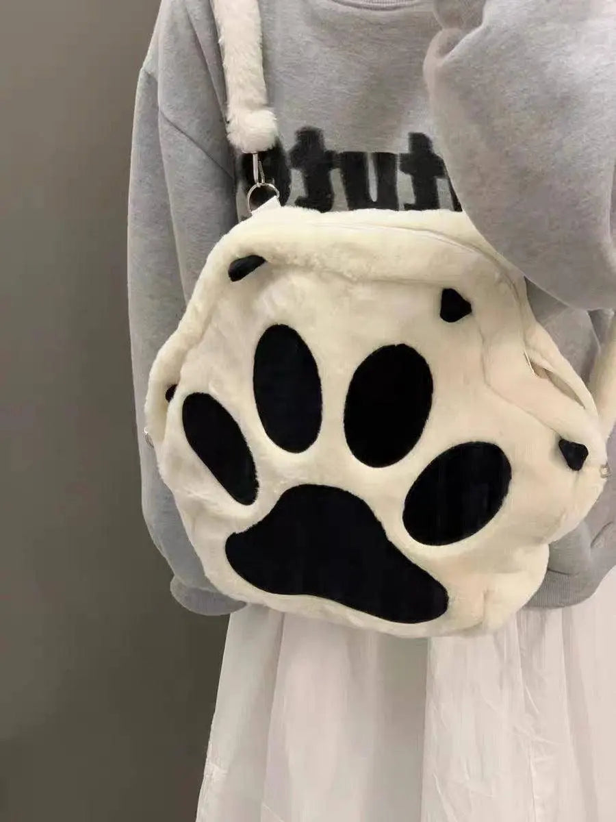 Cute Cartoon Cat Paw Shoulder Bag, Soft Plush Backpack, Sweet Large Capacity Fluffy Furry Bookbag, Novelty Crossbody Bag SS69