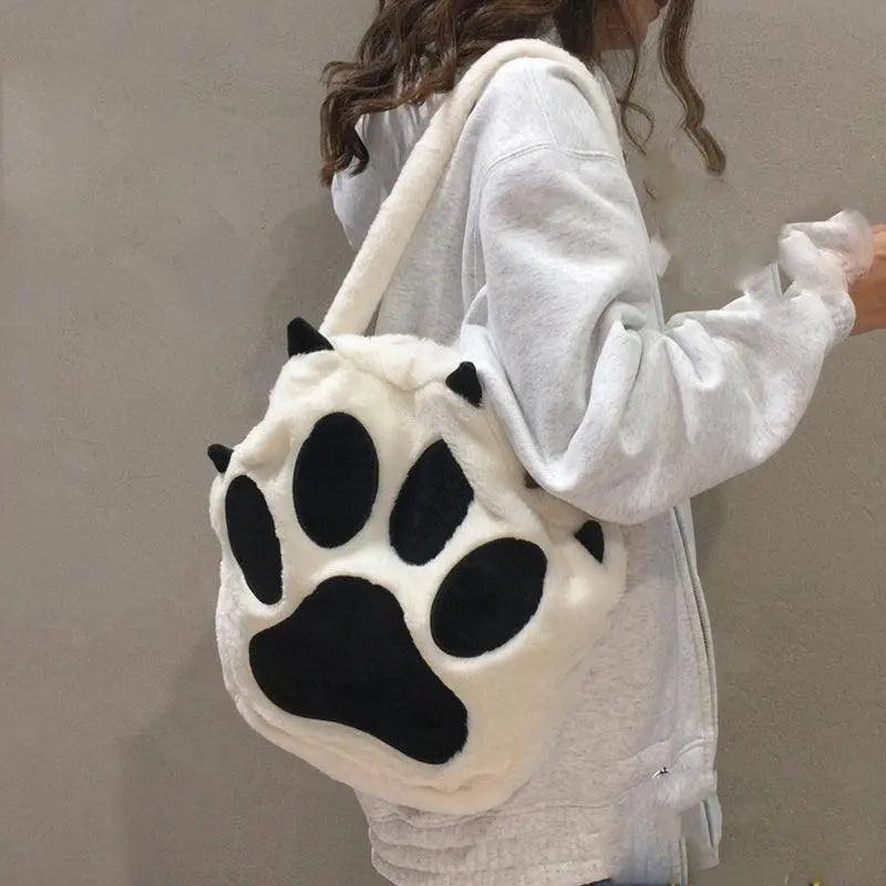 Cute Cartoon Cat Paw Shoulder Bag, Soft Plush Backpack, Sweet Large Capacity Fluffy Furry Bookbag, Novelty Crossbody Bag SS69