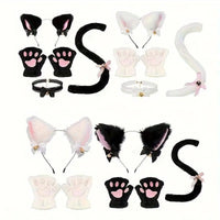 Cute Cat Cosplay Costume Accessories Set with Cat Ears Headband, Paw Gloves, Tail, Choker - Polyester Fairy Theme Outfit Kit for Halloween Dress Up - Hand Washable - SS69