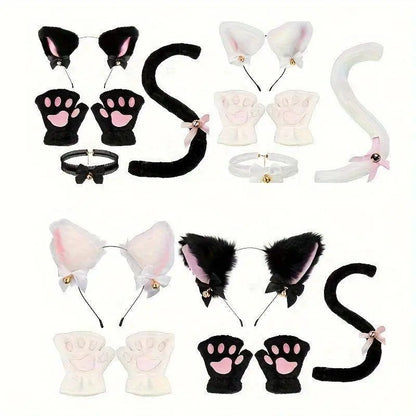 Cute Cat Cosplay Costume Accessories Set with Cat Ears Headband, Paw Gloves, Tail, Choker - Polyester Fairy Theme Outfit Kit for Halloween Dress Up - Hand Washable - SS69