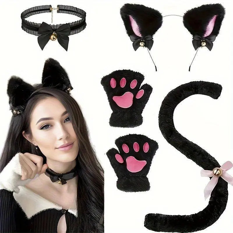 Cute Cat Cosplay Costume Accessories Set with Cat Ears Headband, Paw Gloves, Tail, Choker - Polyester Fairy Theme Outfit Kit for Halloween Dress Up - Hand Washable - SS69