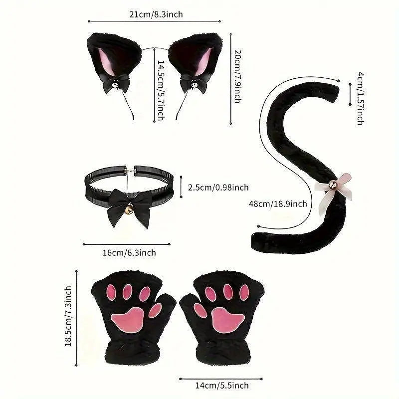 Cute Cat Cosplay Costume Accessories Set with Cat Ears Headband, Paw Gloves, Tail, Choker - Polyester Fairy Theme Outfit Kit for Halloween Dress Up - Hand Washable - SS69