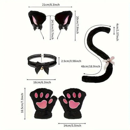 Cute Cat Cosplay Costume Accessories Set with Cat Ears Headband, Paw Gloves, Tail, Choker - Polyester Fairy Theme Outfit Kit for Halloween Dress Up - Hand Washable - SS69